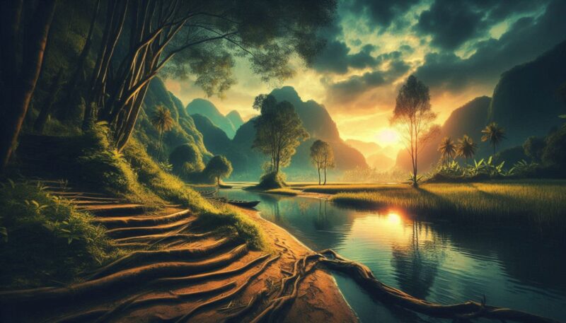 A wooden boardwalk winds alongside a misty river through a dramatic mountain valley at sunrise, with layered peaks and evergreen forests creating a serene, atmospheric landscape.