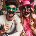A couple wearing disguises -- glasses and mustaches -- propping them up with sticks like those from a photo booth.