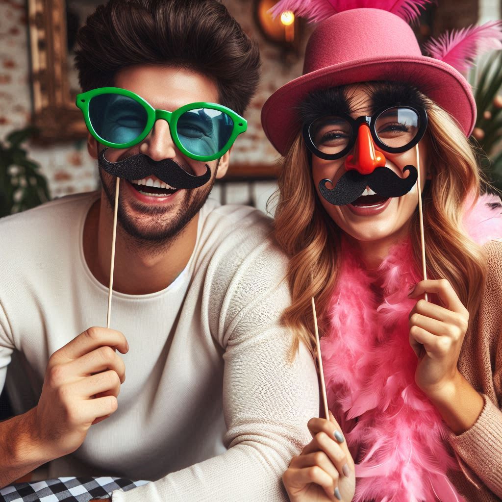 A young couple seated at a restaurant holding up disguises they're wearing with sticks. They symbolize the question, "Do you hide your true self while dating?"