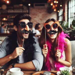 A young man and woman seated at a restaurant holding up cheesy sunglasses on their faces with sticks; the man is also wearing bushy black eyebrows; a black feather boa is draped over the man's shoulders and the woman wears a bright pink boa.