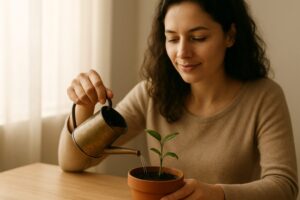 Alice featured image A dark-haired young woman waters a small plant in a terracotta pot, symbolizing nurturing growth. It represents the ideas of self-acceptance and "how can I learn to love myself?"