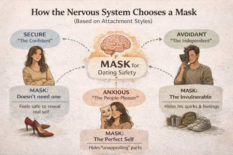 Attachment styles mask diagram 3.5 A diagram showing how attachment styles — secure, anxious, and avoidant — shape the masks we wear, affecting being authentic in dating.