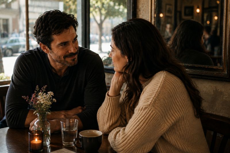 A couple talks over coffee about being authentic when dating.