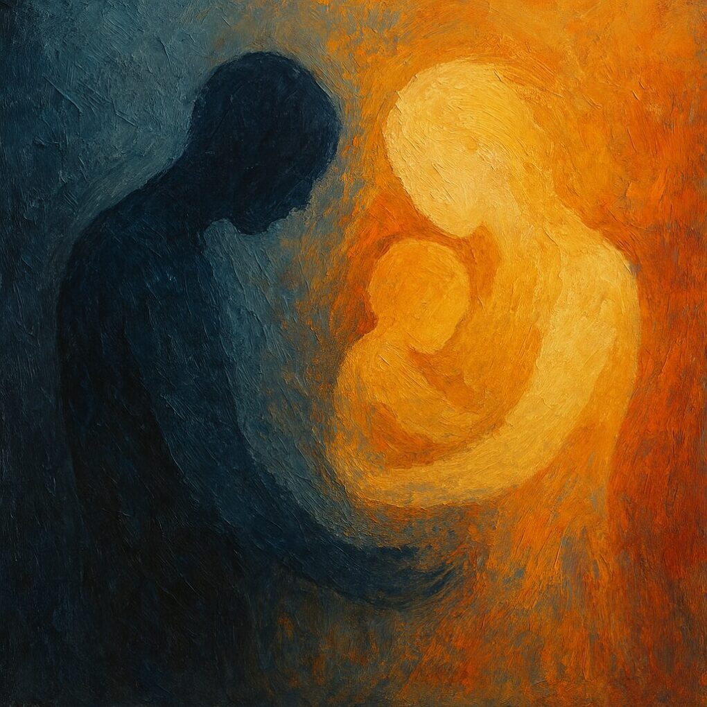 ChatGPT Image Apr 1, 2025, 08_56_27 PM Contrasting figures representing relationship attachment styles - a dark silhouette in blue shadows on the left and a warm, glowing figure holding a child in golden/orange light on the right, symbolizing different approaches to connection and intimacy.