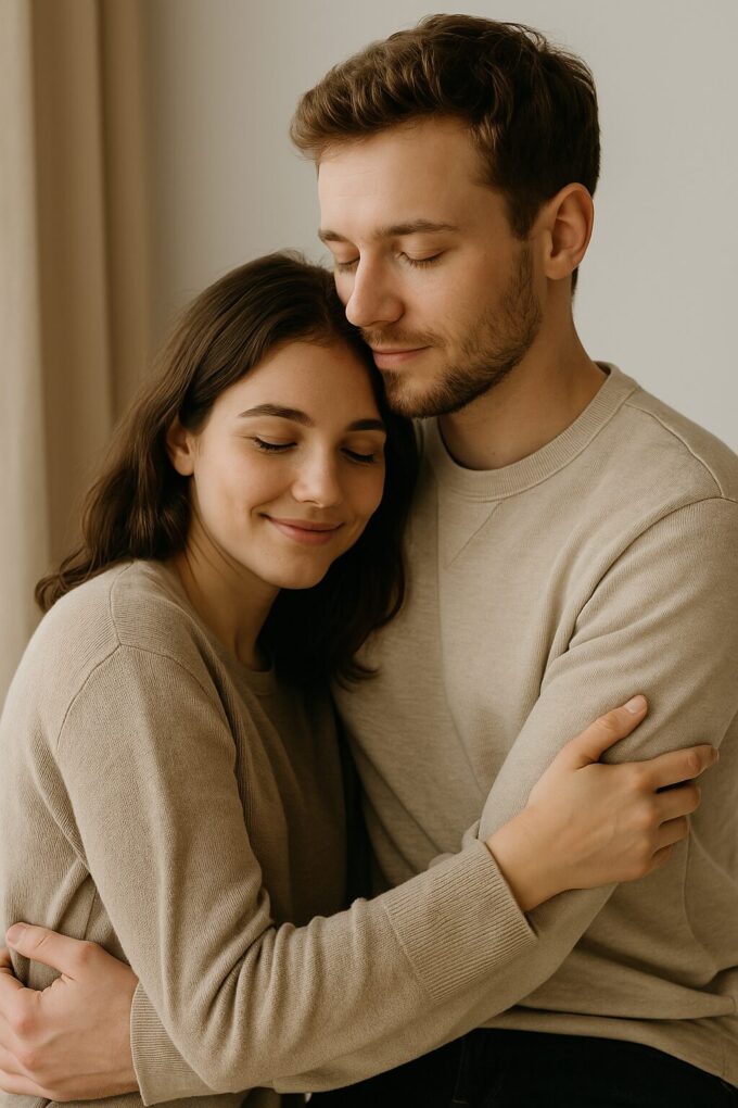 ChatGPT Image Apr 1, 2025, 09_17_55 AM Two people embracing wearing similar beige/neutral-colored sweaters with peaceful expressions, their eyes closed. The woman on the left has long dark hair and is resting her head against the chest/shoulder of the man on the right, who has shorter brown hair. The background is a plain, neutral wall with soft lighting, creating an intimate and serene atmosphere. The overall tone is warm, calm, and conveys emotional closeness and comfort.