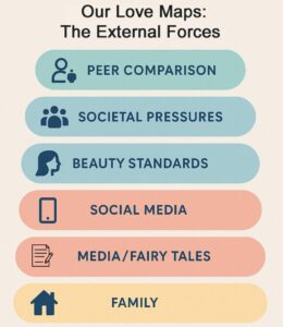 ChatGPT Image Jun 18, 2025, 05_18_24 PM Six external factors affecting relationships: Peer Comparison, Societal Pressures, Beauty Standards, Social Media, Media/Fairy Tales, and Family, each displayed in colored rounded rectangles with matching icons.