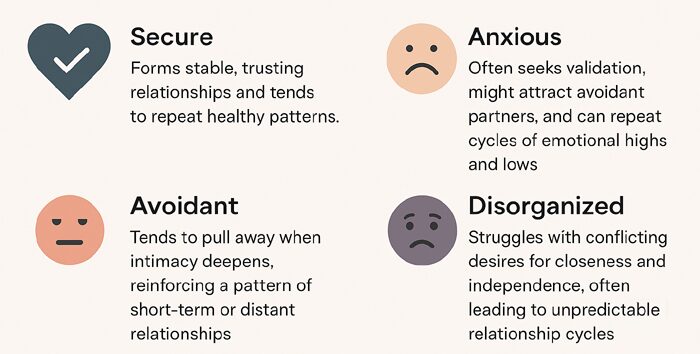 ChatGPT Image Mar 31, 2025, 06_04_32 PM-cropped & fixed "Attachment Styles Defined": Descriptions of the four attachment styles in relationships: Secure (blue heart icon - forms stable, trusting relationships), Anxious (sad face - seeks validation), Avoidant (neutral face - pulls away from intimacy), and Disorganized (concerned face - struggles with conflicting desires for closeness and independence).
