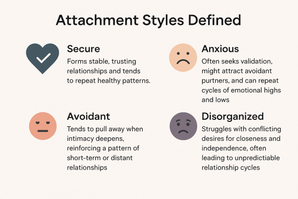 An infographic entitled "Attachment Styles Defined" showing four attachment styles in relationships: Secure (blue heart icon - forms stable, trusting relationships), Anxious (sad face - seeks validation), Avoidant (neutral face - pulls away from intimacy), and Disorganized (concerned face - struggles with conflicting desires for closeness and independence).
