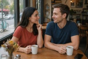 A couple staring into each other's eyes as they discuss compatibility issues in relationships over coffee at a cafe.