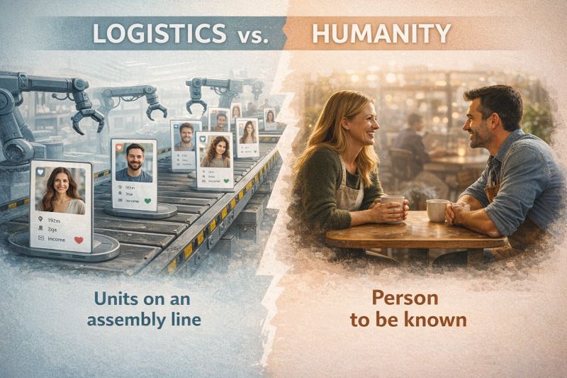 Dating app fatigue vs. human connection: robotic profiles on an assembly line versus a couple having coffee.