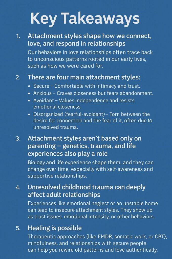 Key Takeaways 4-fixed "Key Takeaways" from the blog with a blue background listing five points about relationship attachment styles: 1) Attachment styles influence how we connect in relationships, originating from early life experiences; 2) Four main styles: secure, anxious, avoidant, and disorganized, each with distinct characteristics; 3) Attachment styles are shaped by multiple factors beyond parenting and can change over time; 4) Childhood trauma can significantly impact adult relationship patterns, and more.