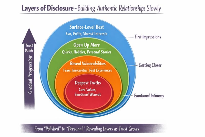 Layers of disclosure and trust building diagram 3.5 A layered circle diagram illustrating how gradual self-disclosure deepens trust, central to building authentic relationships.