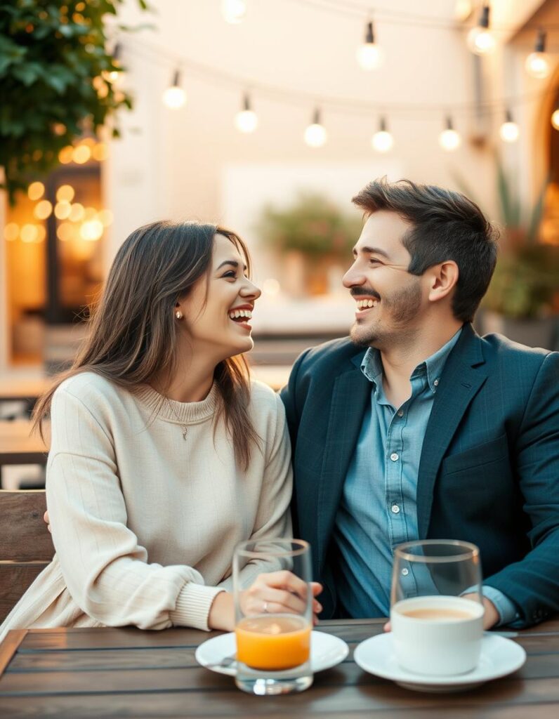 A couple on a date laughing and enjoying each other's company, bright warm lighting, romantic and joyful atmosphere, the picture of true love.