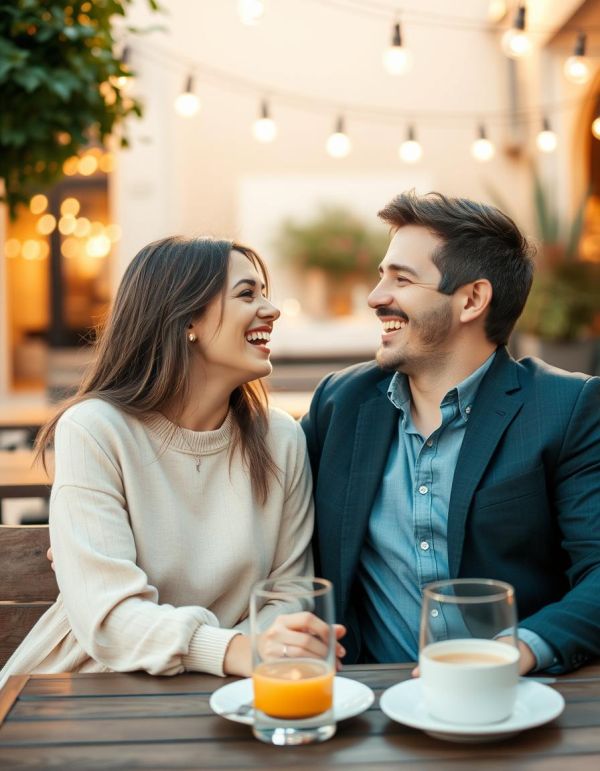 A woman with long dark hair and a man with short dark hair and a mustache smiling at each other while on a date.