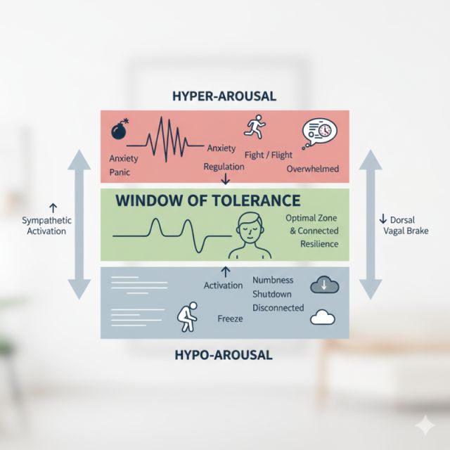 A Window of Tolerance diagram: hyper-arousal, optimal zone, hypo-arousal to aid in understanding relationship anxiety.