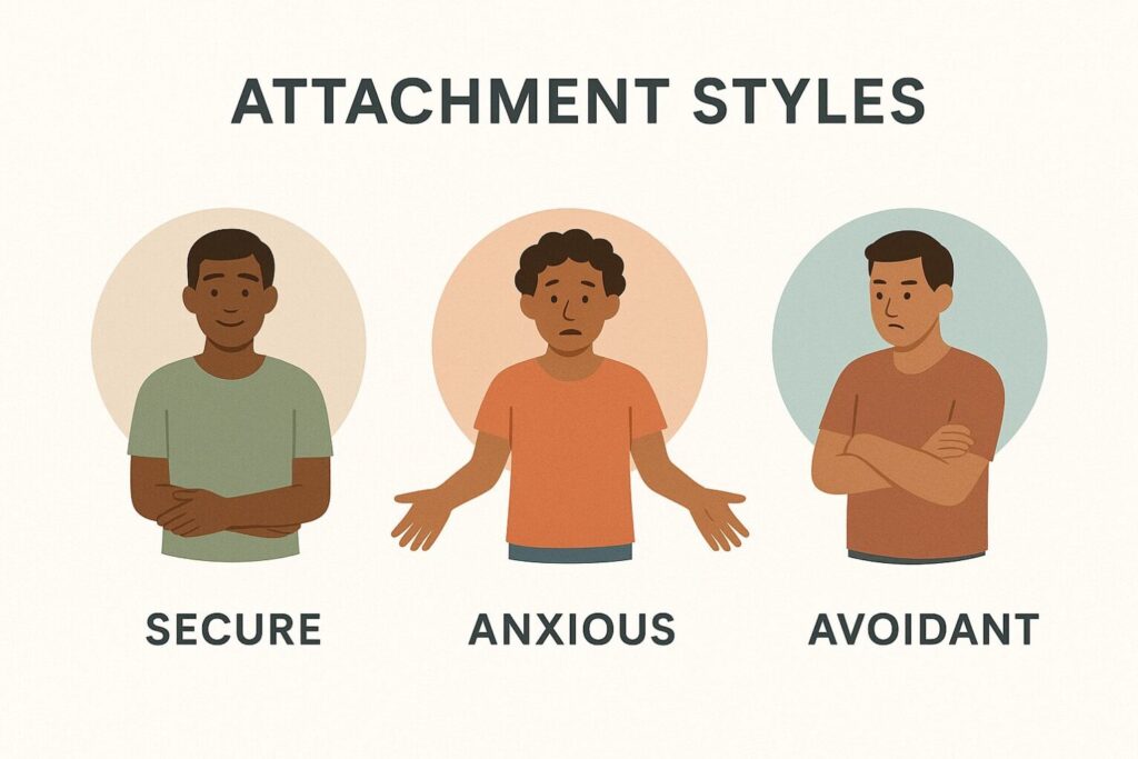 Three attachment styles illustrated: Secure (calm, arms crossed), Anxious (worried, arms outstretched), and Avoidant (distant, arms folded) -- essential for understanding and healing attachment wounds in relationships.