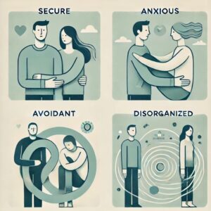 converted_image The four attachment styles -- secure, anxious, avoidant, and disorganized -- among the external factors affecting relationships. Each panel shows a couple symbolizing the different emotional dynamics in their body language. ----> after the 1st subheading, near the bottom of the section.