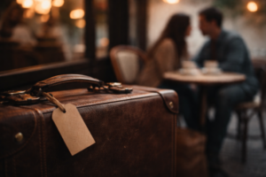 A worn leather suitcase with a blank tag sits in the foreground while a blurred couple on a date represents carrying emotional baggage and self-sabotage in relationships.