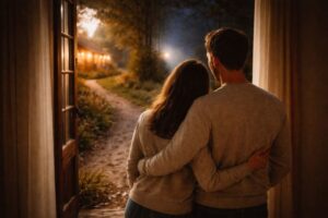 A couple embraces in a doorway, gazing at a winding path ahead, pondering: is this relationship right for me?