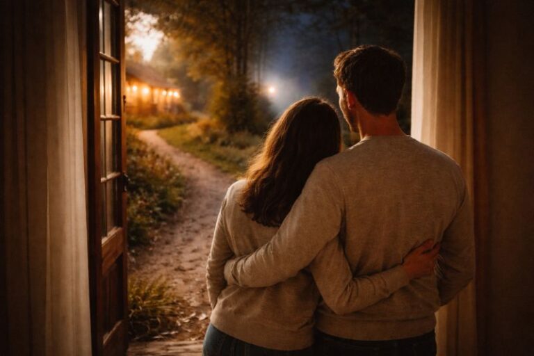 A couple embraces in a doorway, gazing at a winding path ahead, pondering: is this relationship right for me?