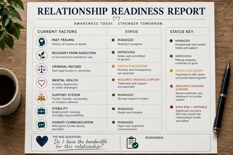 A readiness checklist rating trauma, addiction, and honesty when dating someone with a bad past.