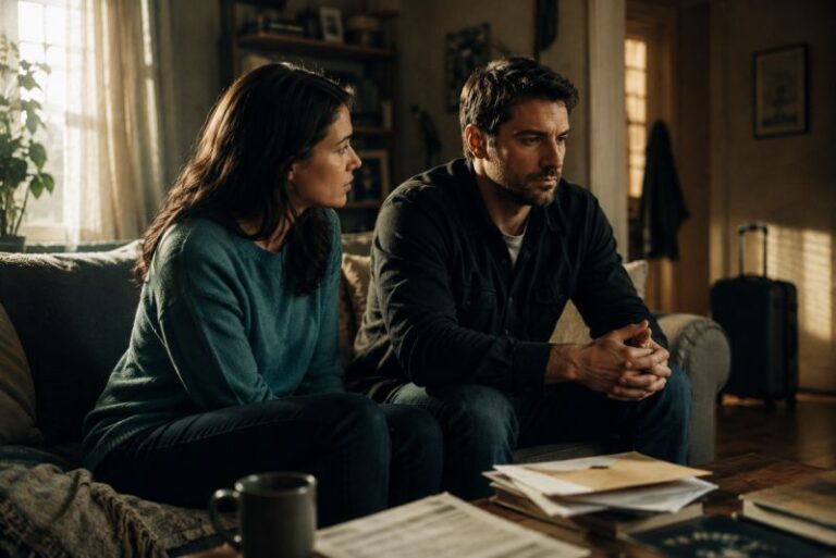 Dating someone with a burden: a tense couple sits apart on a couch in a quiet living room.