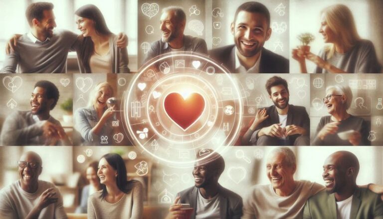 A collage of diverse couples overlaid with icons (heart, brain, puzzle) illustrating different relationship personality types.