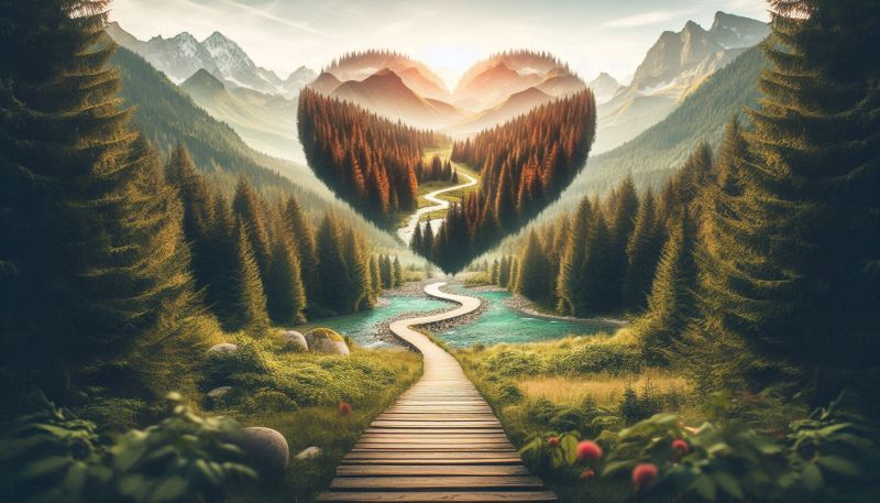 _fc1fb307-91b7-4321-84dd-42eef870ebba My Journey to Love logo - a transparent red heart hovering over a path of wooden planks over a stream against a backdrop of trees and mountains.