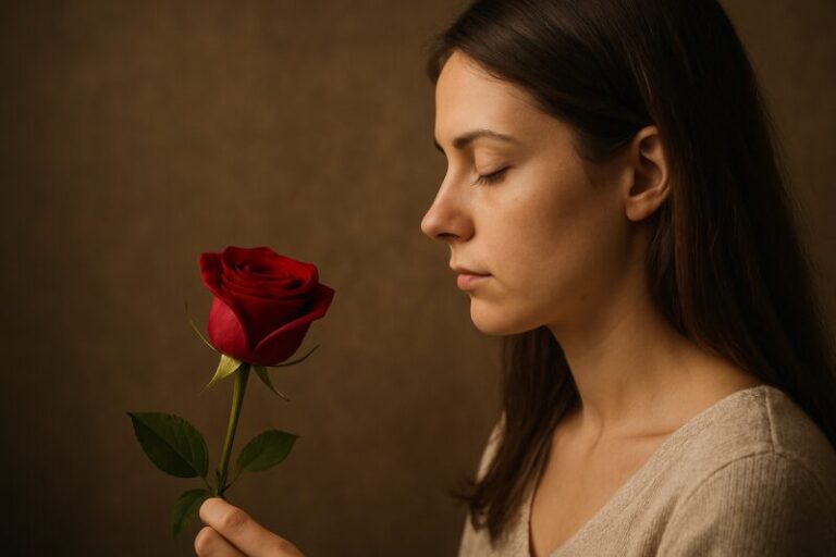 A woman with shoulder-length dark brown hair holding a red rose while contemplating ,"Why am I attracted to certain people"?, symbolizing the psychology of attraction.