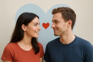 A smiling couple gazing at each other in front of painted blue heart and a smaller red heart, showing qualities to look for in a partner.