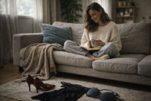 A woman reads and sips coffee at home, choosing comfort over going out — a step toward building authentic relationships.