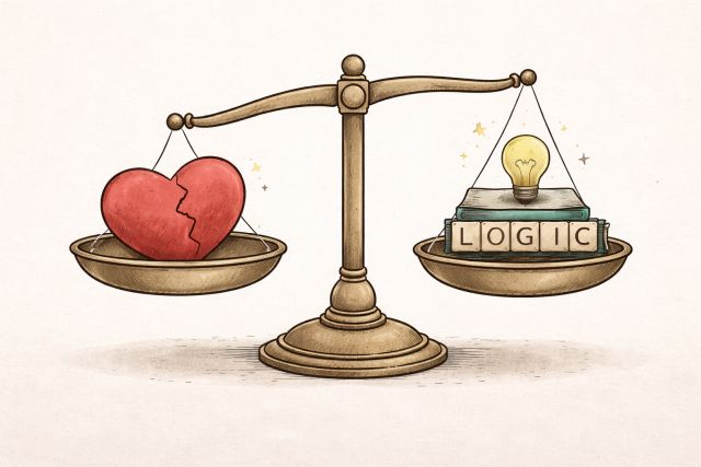 An illustration symbolizing what can happen when you don't know how to handle relationship doubts: a tilted scale with a cracked heart and the word "logic" appearing in Scrabble-like tiles under a book with a lit bulb on top.